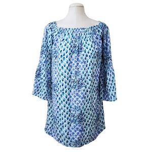 Lilly Pulitzer Nevie Blue Pineapple Off-the-Shoulder Dress Smocked Extra Small